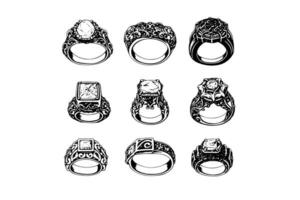 vector hand- getrokken illustratie reeks van verschillend sieraden ringen in wijnoogst gegraveerde stijl.