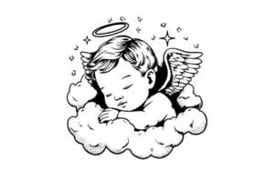 hand- getrokken gravure schetsen van schattig weinig engel slaap Aan een wolk. vector illustratie.