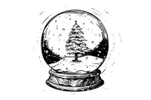 vrolijk Kerstmis geschenk sneeuw wereldbol sneeuwvlok boom binnen. vector gravure inkt schetsen illustratie.