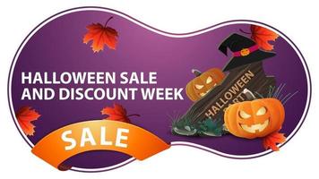 halloween saleand kortingsweek, paarse kortingsbanner met houten bord, heksenhoed en pompoenhefboom. moderne kortingsbanner die op witte achtergrond wordt geïsoleerd vector