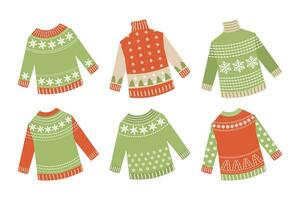 winter gebreid truien met ornamenten van sneeuwvlokken en Kerstmis bomen, set. kleren en accessoires. decor elementen, vector. vector