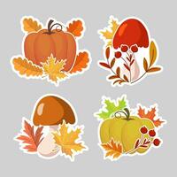 reeks van herfst stickers, pompoenen, eikels, champignons en herfst bladeren en lijsterbes. illustratie, pictogrammen, sjabloon, vector