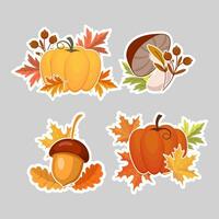 reeks van herfst stickers, pompoenen, eikels, champignons en herfst bladeren en lijsterbes. illustratie, pictogrammen, sjabloon, vector