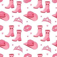 schattig roze naadloos patroon met prinses garderobe details, kroon, schoenen, cowboy hoed, kus. mooi meisjesachtig behang. vector