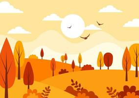 herfst landschap achtergrond vector illustratie met bergen, velden, bomen en vallen bladeren in vlak tekenfilm natuurlijk seizoen panorama Sjablonen