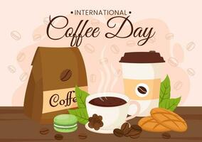 Internationale koffie dag vector illustratie Aan 1e oktober met geparfumeerd drinken en bruin achtergrond in vlak tekenfilm hand- getrokken Sjablonen