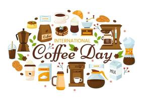Internationale koffie dag vector illustratie Aan 1e oktober met geparfumeerd drinken en bruin achtergrond in vlak tekenfilm hand- getrokken Sjablonen