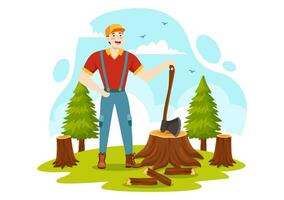 mannen hakken hout en snijdend boom met houthakker werk uitrusting machinerie of kettingzaag in vlak tekenfilm achtergrond Sjablonen vector illustratie