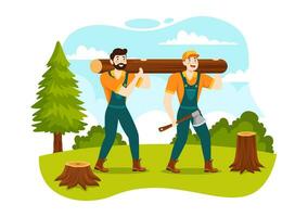 mannen hakken hout en snijdend boom met houthakker werk uitrusting machinerie of kettingzaag in vlak tekenfilm achtergrond Sjablonen vector illustratie