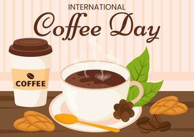 Internationale koffie dag vector illustratie Aan 1e oktober met geparfumeerd drinken en bruin achtergrond in vlak tekenfilm hand- getrokken Sjablonen