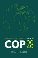 politieagent 28 vae. jaar- Verenigde landen klimaat verandering conferentie. dubai, Verenigde Arabisch emiraten, in november 2023. Internationale klimaat top spandoek. globaal opwarming. vector illustratie