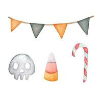 handgetekend waterverf halloween decoraties set. waterverf halloween guirlande, schedel, snoep maïs, riet. vector