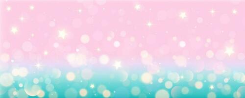 roze eenhoorn pastel achtergrond met schitteren ster en bokeh. turkoois kawaii magie lucht. abstract fee helling behang. vector illustratie