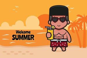 schattige jongen met sinaasappelsap met een zomerse groet banner cartoon vector pictogram illustratie
