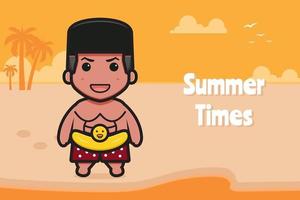 schattige jongen die zwemring draagt met een zomerse groet banner cartoon vector pictogram illustratie