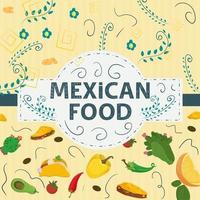 vierkante banner label plat op het thema van Mexicaans eten grote inscriptie naam in het midden op de achtergrond zijn roodgroene hete chili taco's en burrito's vector