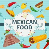 vierkante banner label plat op het thema van Mexicaans eten grote inscriptie naam in het midden op de achtergrond zijn rood groen hete chili peper piramide van indianen en saus vector