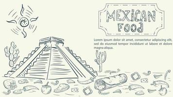 illustratie schets gemaakt in de stijl van een doodle hand getekend voor een ontwerp op het thema Mexicaanse nationale voedselpiramide van de indianen burrito rode hete en witte paprika vector