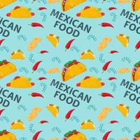 plat eindeloos naadloos patroon op het thema van Mexicaanse tortilla's, taco's en burrito's op een blauwe achtergrond vector