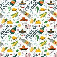 plat eindeloos naadloos patroon op het thema van Mexicaans eten geschilderde schedels sombrero's en tequila drankje op een witte achtergrond vector