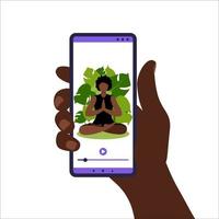 yoga online-concept. vrouw doet yoga-oefening thuis met Afrikaanse online instructeur op mobiele telefoon. wellness en een gezonde levensstijl thuis. vrouw die yoga-oefeningen doet. vectorillustratie in flat. vector