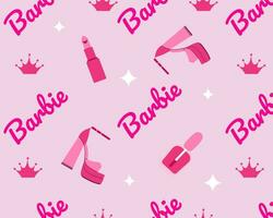 naadloos patroon met Barbie hand- getrokken schoonschrift tekst, kroon, sandalen, lippenstift. roze Barbie tekst in modieus stijl.vector illustratie. vector