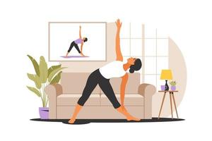 online trainingsconcept. vrouw die thuis yoga doet. tutorials kijken op een tv. sporten in een gezellig interieur. vectorillustratie. vlak. vector