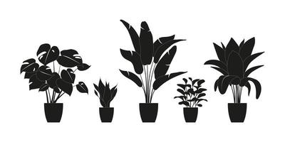 collectie silhouetten van kamerplanten in zwarte kleur. potplanten geïsoleerd op wit. set groene tropische planten. trendy woondecoratie met kamerplanten, plantenbakken, tropische bladeren. vector