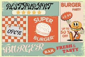 snel voedsel restaurants en diners retro tekens verzameling. hamburger posters en vector ontwerp elementen. wijnoogst Hamburger poster of advertentie. vector illustratie