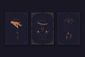 set van mystieke tarotkaarten. elementen van esoterische, occulte, alchemistische en heksensymbolen. sterrenbeelden. kaarten met esoterische symbolen. silhouet van handen, sterren, maan en kristallen. vector illustratie