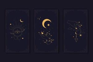 set van mystieke tarotkaarten. elementen van esoterische, occulte, alchemistische en heksensymbolen. sterrenbeelden. kaarten met esoterische symbolen. silhouet van handen, sterren, maan en kristallen. vector illustratie