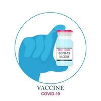 ontwikkeld covid-19-vaccin in de hand van de arts. medische fles met coronavirusvaccin. behandeling voor coronavirus covid-19. vector illustratie