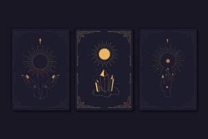 set van mystieke tarotkaarten. elementen van esoterische, occulte, alchemistische en heksensymbolen. sterrenbeelden. kaarten met esoterische symbolen. silhouet van handen, sterren, maan en kristallen. vector illustratie