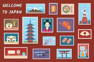 tekenfilm kleur Japan reizen postzegel set. vector