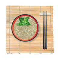 realistisch gedetailleerd 3d kom vol rijst- Aan een bamboe tafel mat. vector