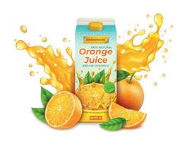 realistisch gedetailleerd 3d oranje sap pak met citrus fruit en plons. vector