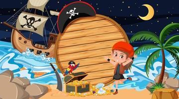 piratenkinderen bij de strandnachtscène met een lege houten bannermalplaatje vector