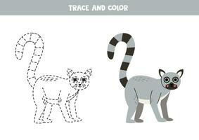 spoor en kleur schattig tekenfilm lemur. werkblad voor kinderen. vector