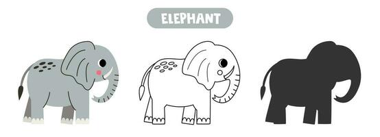 kleurrijk afbeelding, zwart en wit illustratie, vector silhouet. schattig tekenfilm olifant.