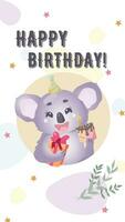 gelukkig verjaardag kaart met een schattig koala. kinderen ansichtkaart, groet kaart, poster, omslag. vector
