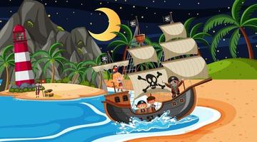 strand met piratenschip bij nachtscène in cartoon-stijl vector