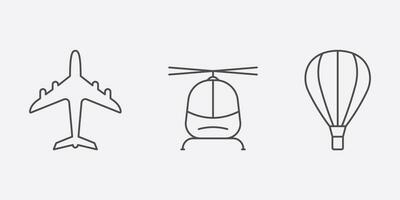 lucht vervoer lijn icoon set. vlak, helikopter, heet lucht ballon lineair pictogram verzameling. Jet lading Verzending schets teken. vlucht reis symbool. bewerkbare hartinfarct. geïsoleerd vector illustratie.