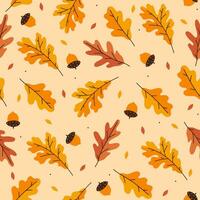 naadloos patroon met herfst eik bladeren en eikels Aan een geel achtergrond. vector grafiek.