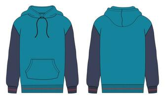 capuchon technisch mode vlak schetsen vector sjabloon. katoen fleece kleding stof kleding met een kap sweater illustratie bespotten omhoog voorkant, terug keer bekeken.