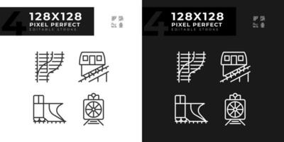 spoorweg voertuig pixel perfect lineair pictogrammen reeks voor donker, licht modus. spoorweg auto. trein vervoer. locomotief motor. dun lijn symbolen voor nacht, dag thema. geïsoleerd illustraties. bewerkbare beroerte vector