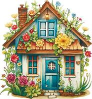 waterverf tekening. schattig bloem huis. fee huis in wijnoogst stijl vector