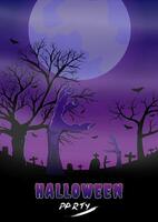 halloween partij Purper schemering carnaval achtergrond met maan vleermuizen in de lucht grond hieronder met grafstenen, handen, boom en begraafplaats met mist bovenstaande, ontwerp voor affiches, kaarten, decoraties. vector