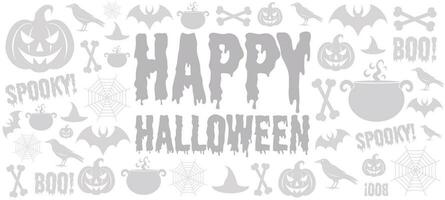 gelukkig halloween spandoek. wit halloween achtergrond met pompoen, knuppel, botten, kraai, ketel. halloween thema. vector