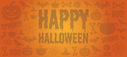 gelukkig halloween spandoek. oranje halloween achtergrond met pompoen, knuppel, botten, kraai, ketel. halloween thema. vector