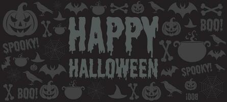 gelukkig halloween spandoek. wit halloween achtergrond met pompoen, knuppel, botten, kraai, ketel. halloween thema. vector